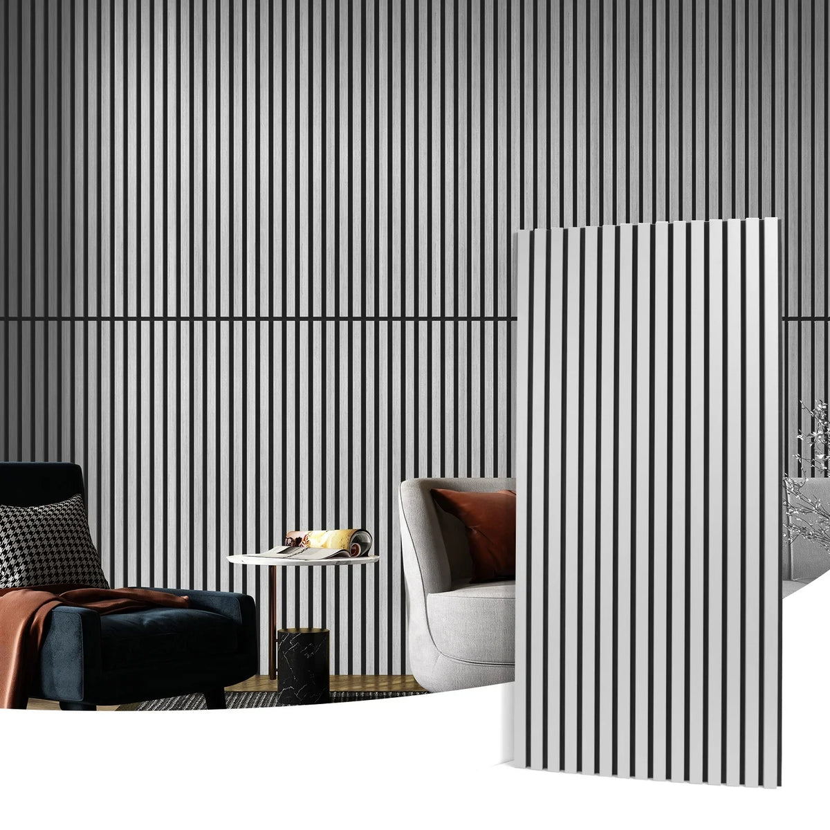 Acoustic Slatted Wall Panel 2400mm x 600mm - Light metallic grey x 1 panel