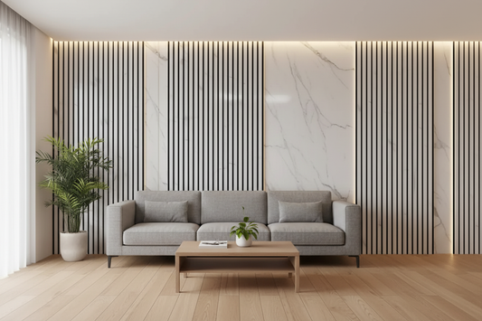 Acoustic Slatted Wall Panel 2400mm x 600mm - White Marble x 1 Panel