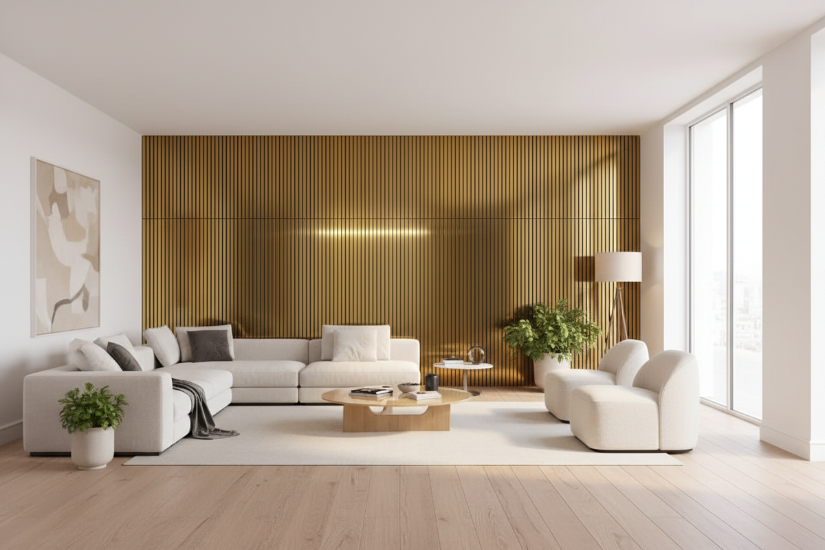 Acoustic Slatted Wall Panel 2400mm x 600mm - Mirror Gold x 1 panel